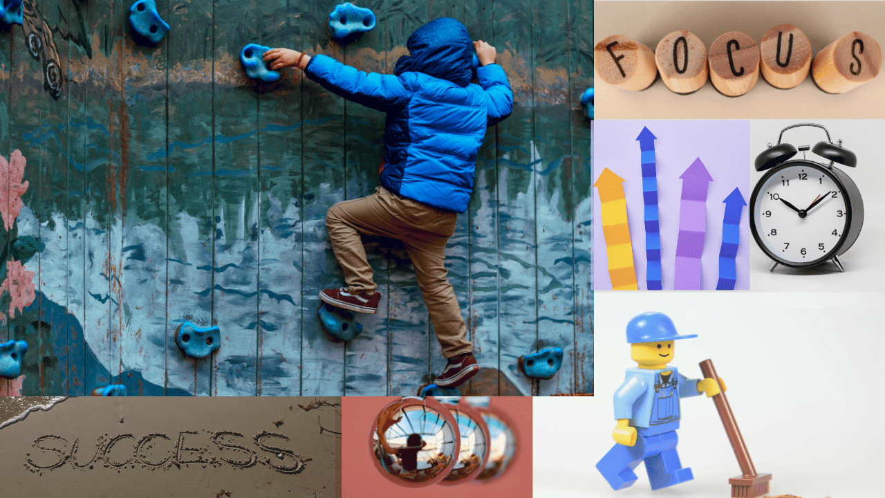 A child climbing a wall paired with symbols of focus, progress arrows, a clock, and a worker figurine, representing the small daily habits that lead to long-term success.