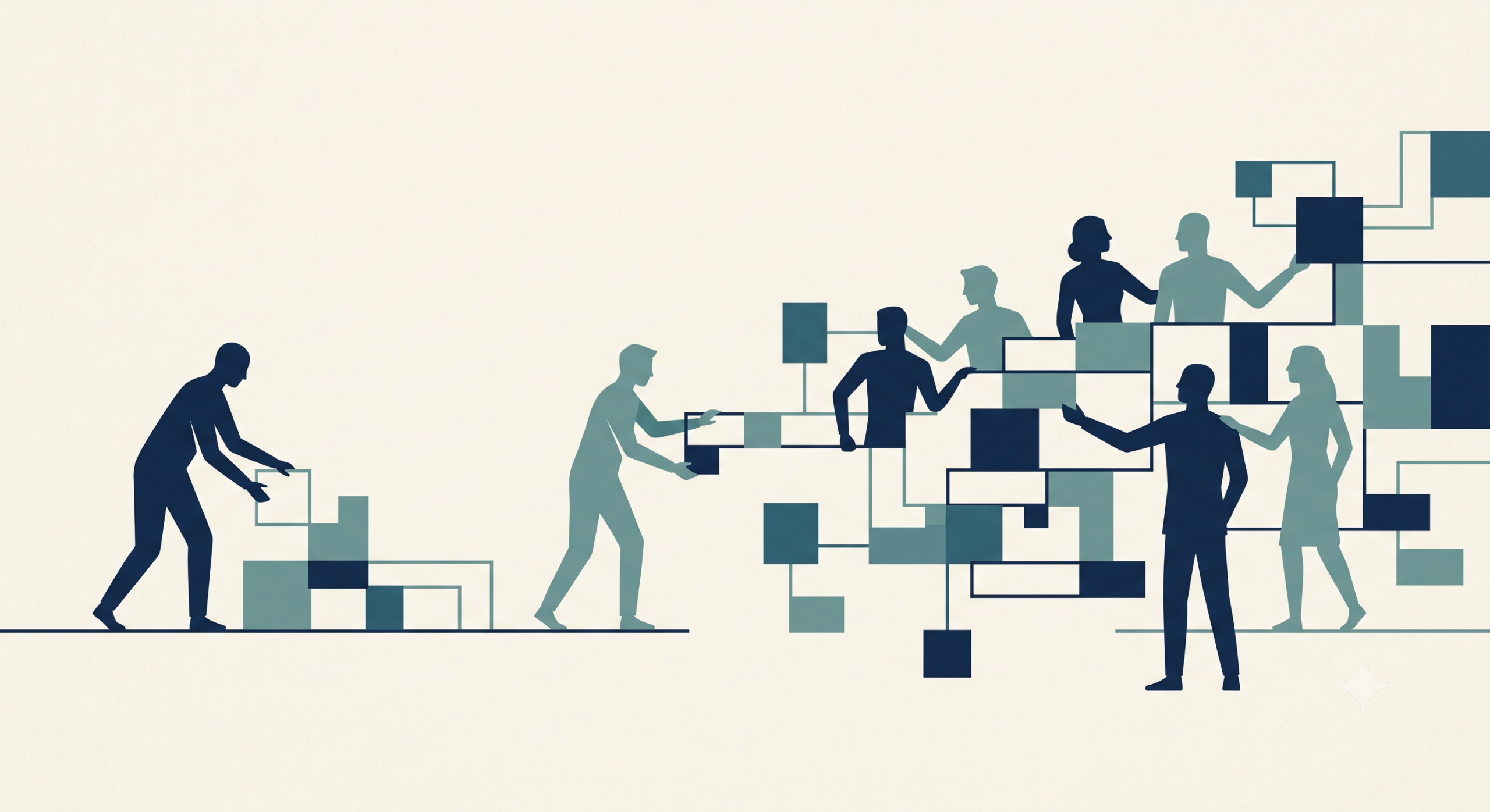 Leaders and followers building an interconnected structure together to represent shared ownership and psychological safety